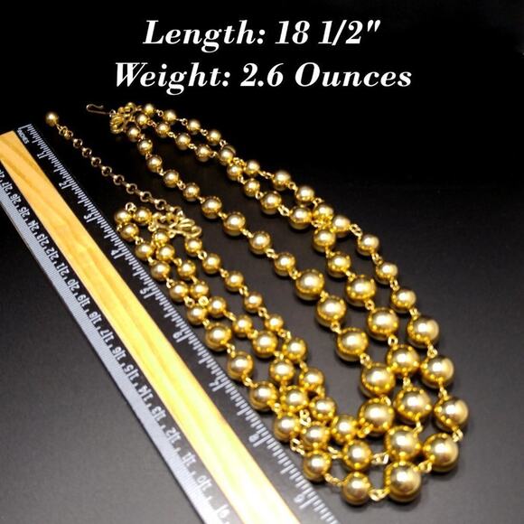 Vintage Gold Bead Three Strand Necklace, Wire Wrapped, 1950s, 18 Inches - Picture 6 of 7